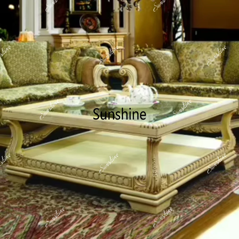 

European style solid wood ivory white distressed glass coffee table style living room combination cabinet