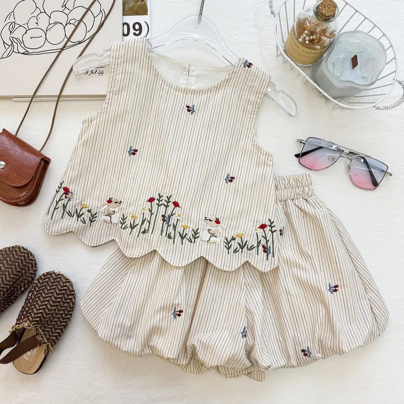 2026Summer new style girls' thin cute bunny embroidered floral sleeveless refreshing two-piece set for babies