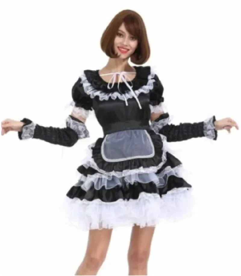 

Adult Women's Sissy Cosplay Sexy Maid Black Lockable Puffy Dress for Fantasy Carnival Customizable Size