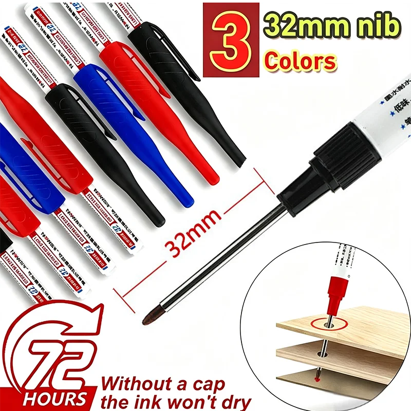 10Pcs/Set 32mm Deep Hole Long Nib Head Markers For Metal Perforating Pen Waterproof Bathroom Woodworking Decoration Multi-Purpos
