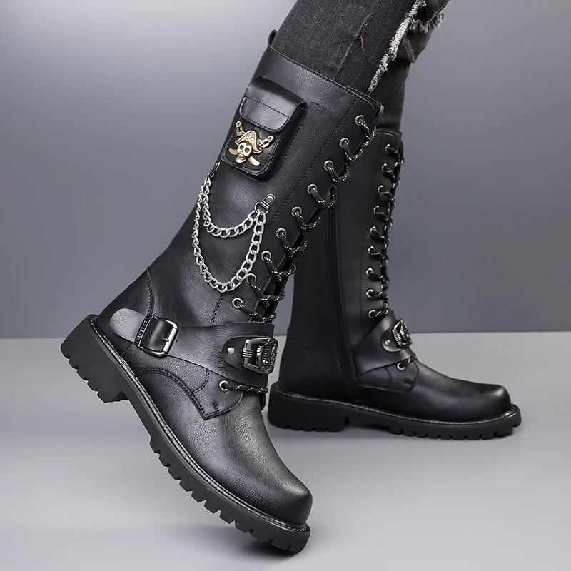 Men's Motorcycle Boots Mid-Calf Chelsea Boots Good Quality Punk Hippie Rivets Zip Chain Gentleman Male Shoes Plus Size 38-48