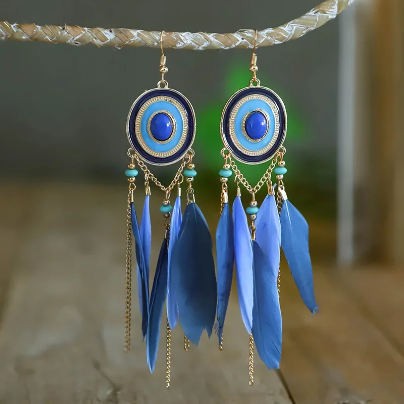 Bohemian Colorful Feather Dangle Earrings For Women Ethnic Long Chain Tassel Drop Earring Girls Vacation Jewelry Gift