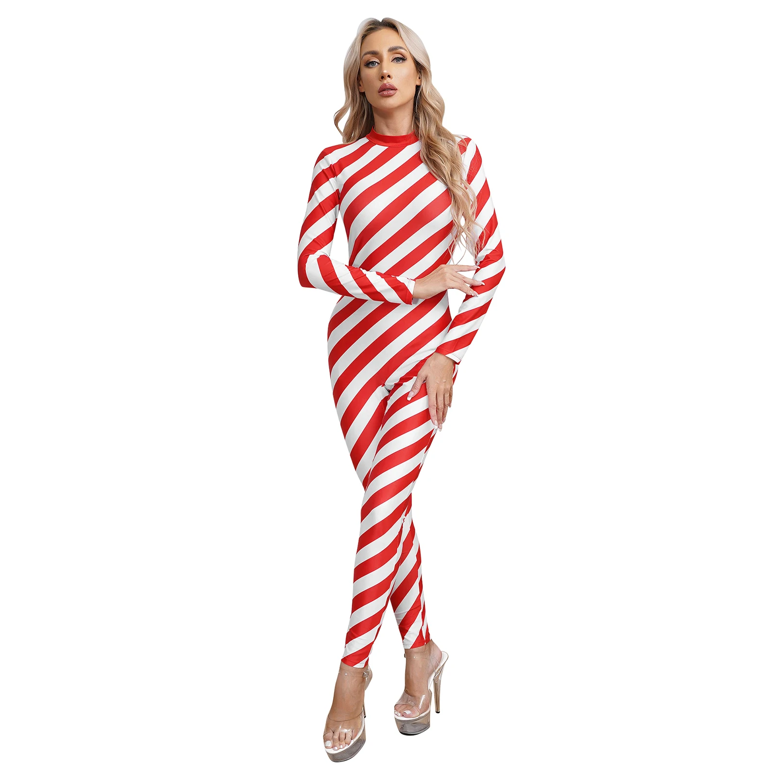 Womens Christmas Jumpsuit Candy Cane Costume Xmas Santa Bodysuit Mock Neck Long Sleeve Unitard Jumpsuit for New Year Cosplay