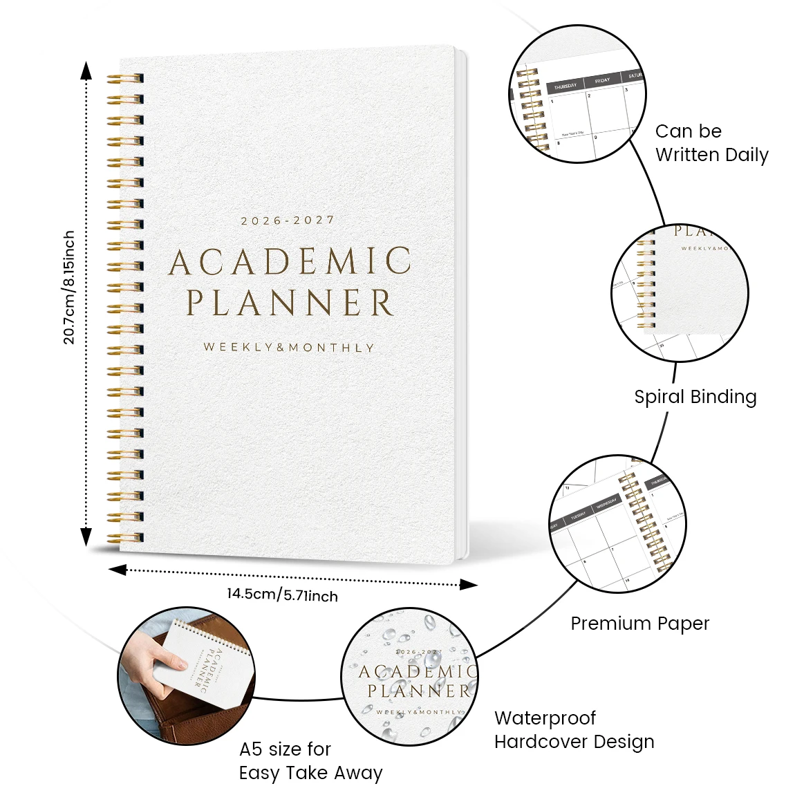 A5 Academic Planner 2026-2027, Weekly & Monthly Spiral Organizer, Student Agenda, Calendar with Notes, School Office Supplies