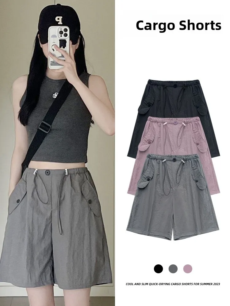 ey Workwear ort Pants Women's Winter Thin High Waist Casual Wide Leg Design Qui Dry Sports American Five-Quarter Pants