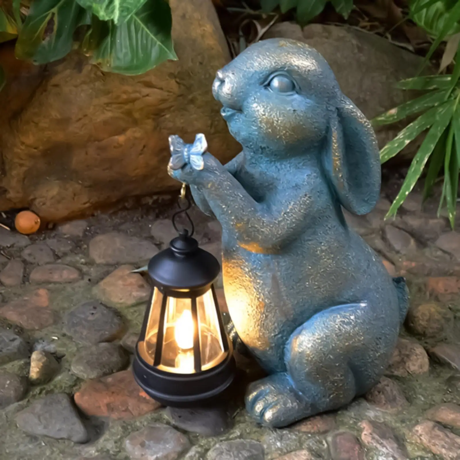 Bunny Garden Decor Vintage with Solar Light Sculpture Ornament Art Easter Yard Decor for Home Lawn Outside Porch Patio Christmas