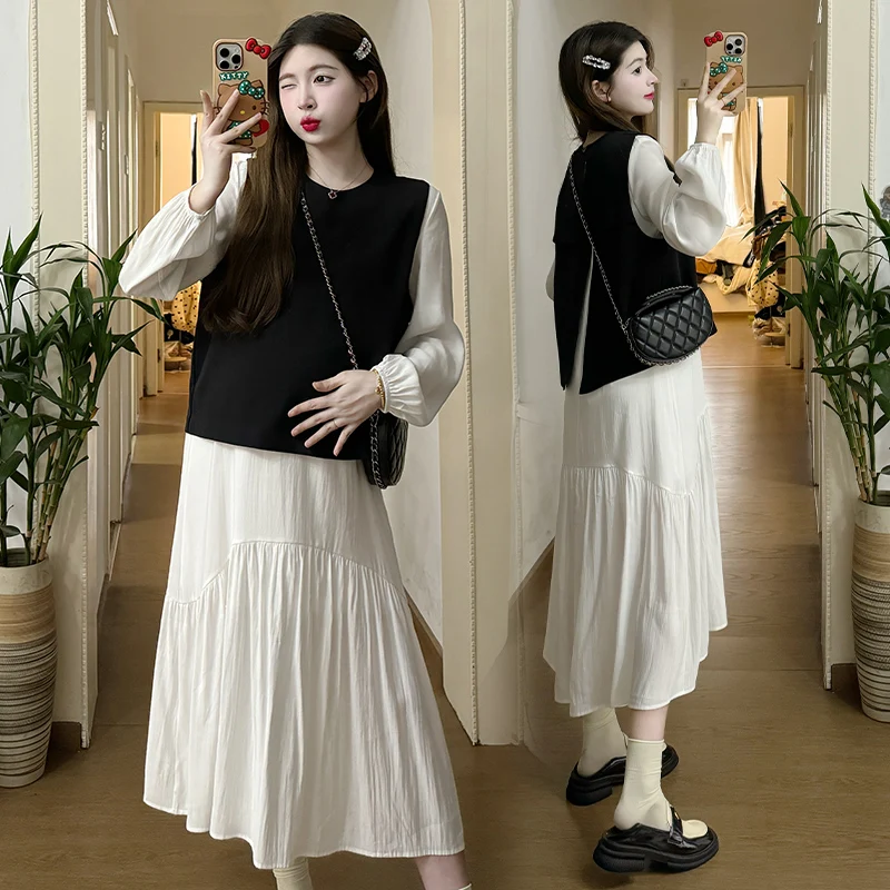 

Korean Style Maternity Clothes Set for Autumn Long Sleeve Loose Dress+black Vest Twinset Fashion Pregnant Woman Dresses Suits