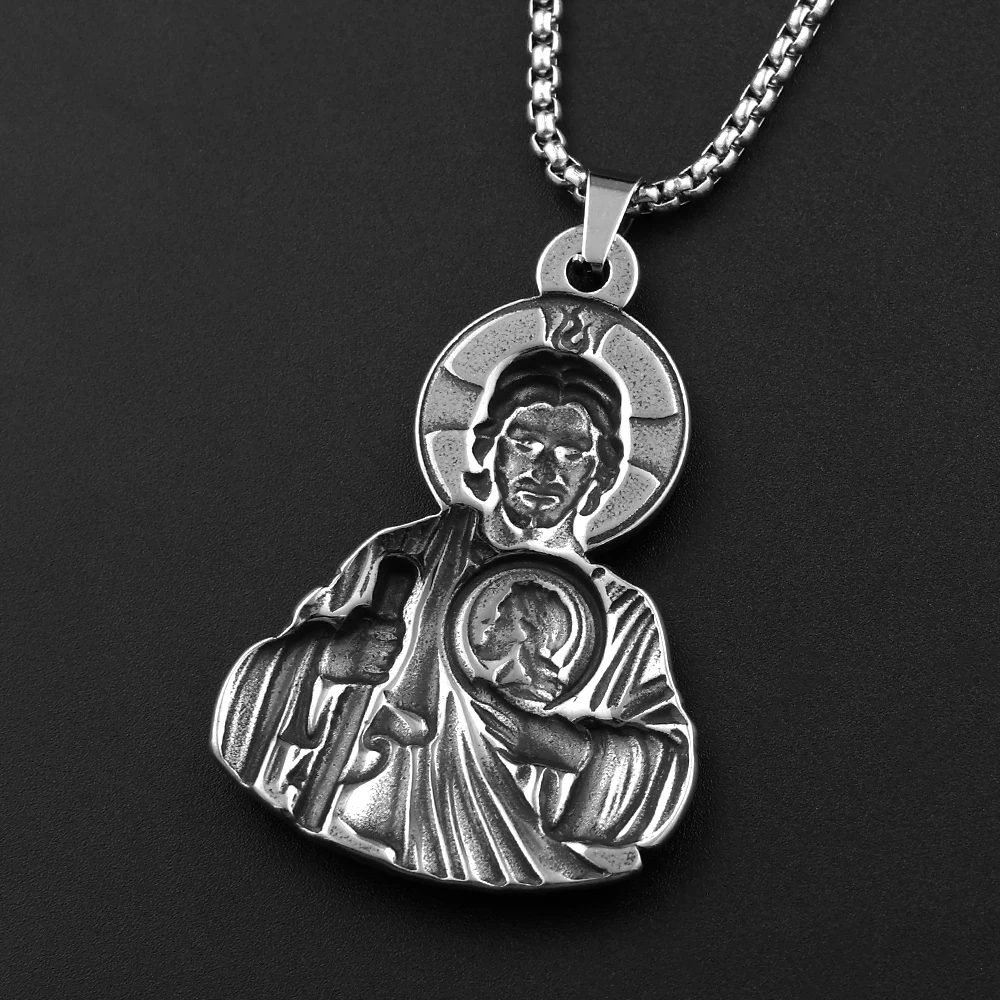 Catholic San Judas Tadeo Medal Pendant Necklace for Men Women Stainless Steel Saint Jude Thaddeus Chain Amulet Jewelry Gift