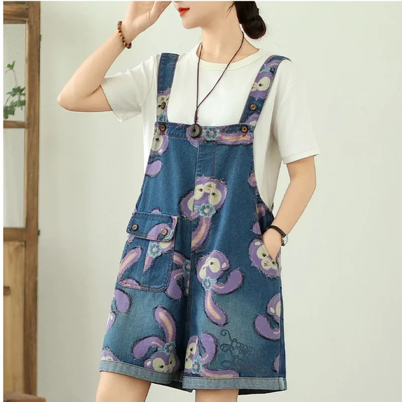 # 1425 Cartoon-Bedruckte Denim-Playsuits für Damen, Lockere Rompers, Damen-Jumpsuit-Shorts, Streetwear Denim-Overalls für Frauen, Sommer