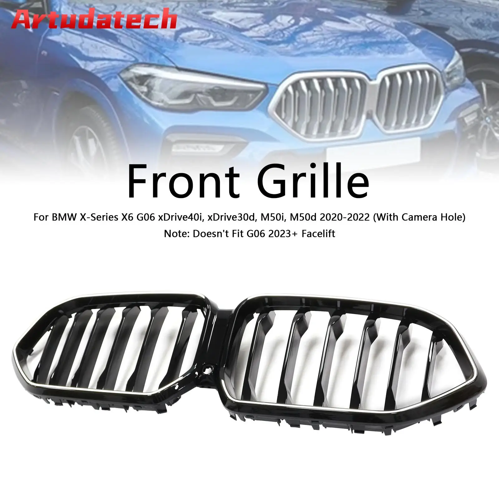 

Artudatech Black Front Bumper Grille Grill Fit for BMW X6 G06 M50i 2020-2022 W/Camera Hole 2021
