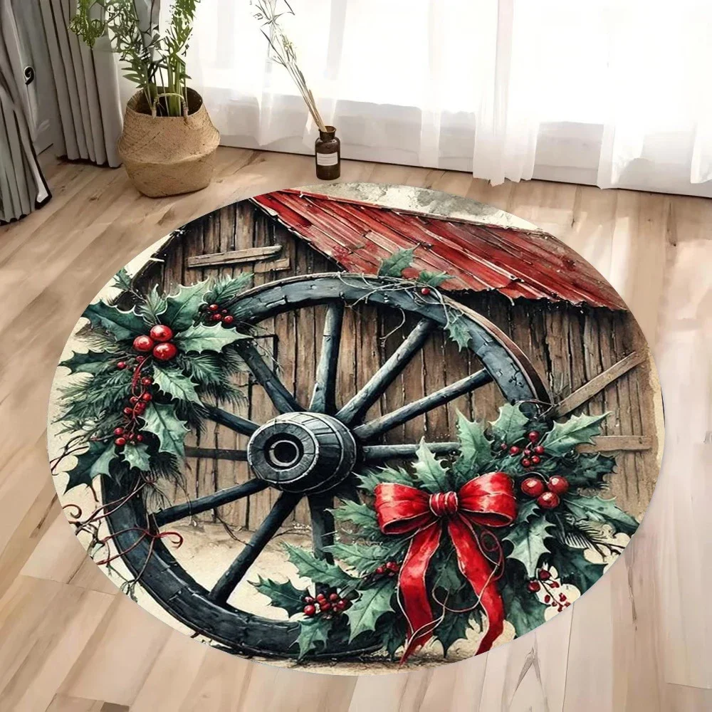 ~O~Vintage-Inspired Round Rug with Floral & Wooden Wheel Motif – Cozy Decor for Bedroom, Living Room & Hallway