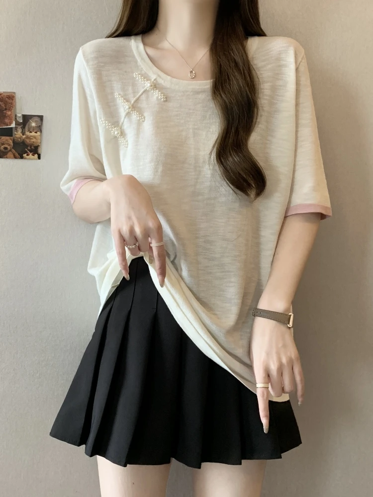New Chinese Style Ice Silk T-Shirt Women's Short Sleeve Half Sleeve Base Shirt Summer plus Size Slimming Belly Covering Top