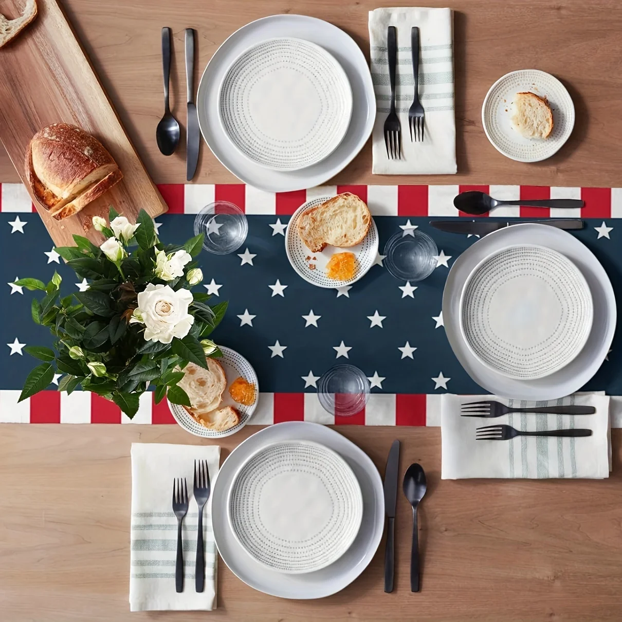 Patriotic American Flag Linen Table Runner - Stars & Stripes 4th of July Decor, Accent for Independence Day Party Kitchen