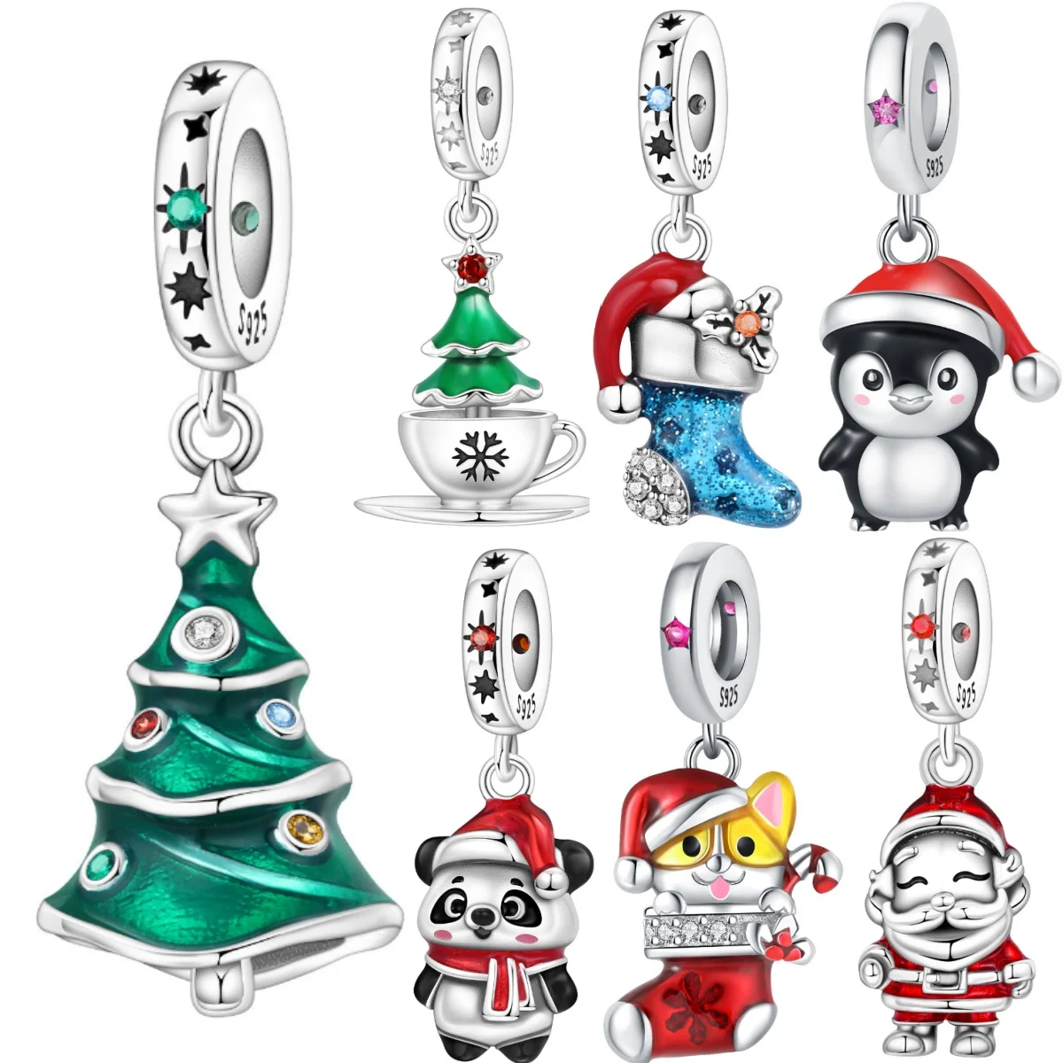 PANPOKI 925 Sterling Silber Weihnachtsbaum Dekoration Perlen Original Anhänger Armband Charm Schmuck Party DIY Trendige Geschenke