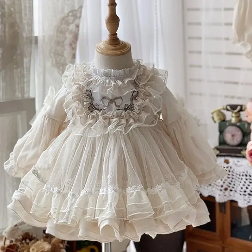 

New Spanish Vintage Lolita Princess Ball Gown Bow Lace Stitching Birthday Baptism Easter Eid Party Dresses For Girls