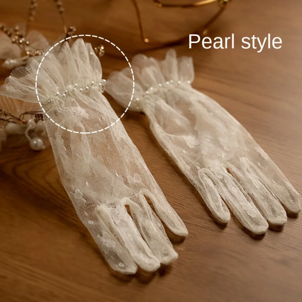 Holy Breathable Bridal Gloves Bow Pearl Mesh Lace Gloves Satin Gauze Wedding Mittens Festival image 6