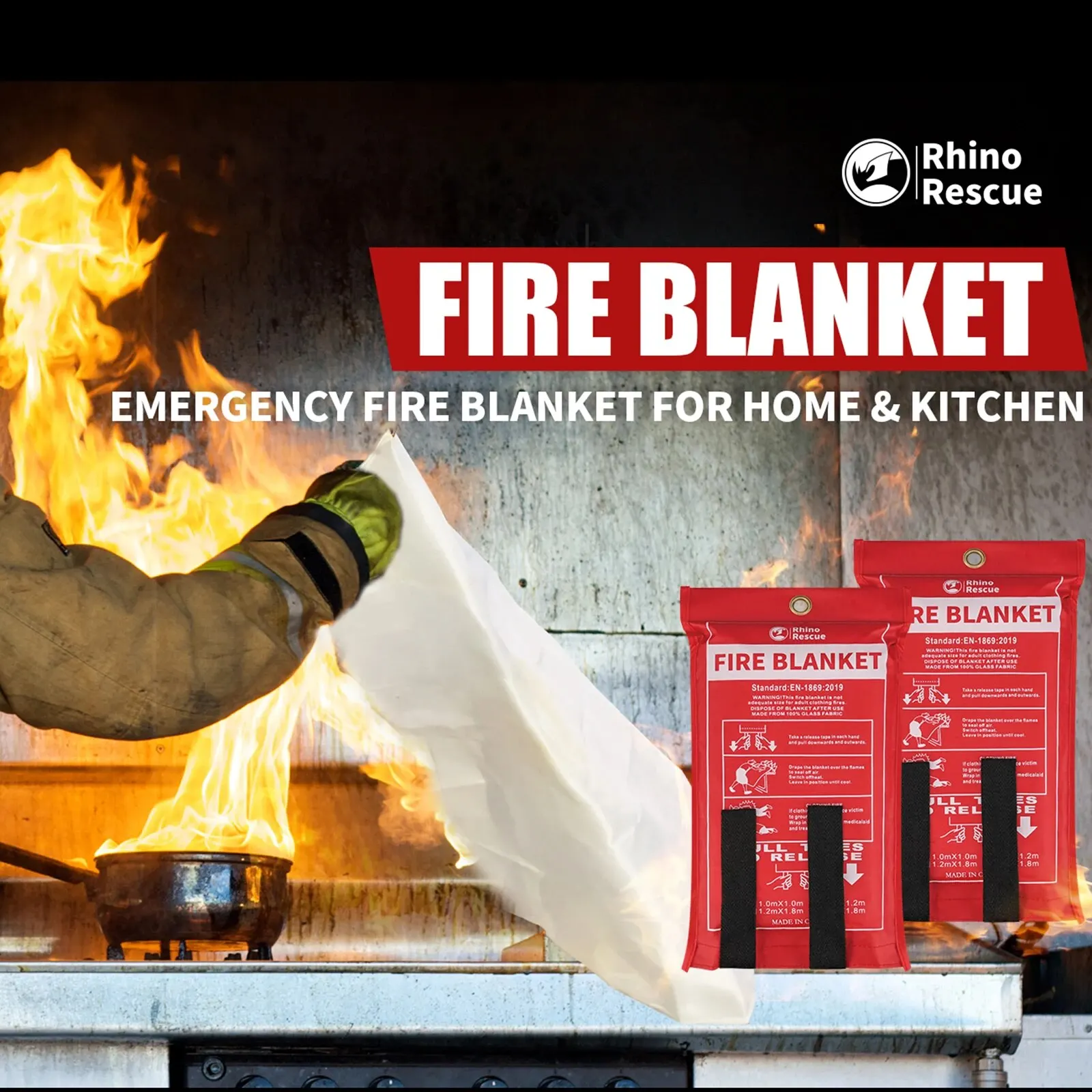 RHINO RESCUE Fire Blanket, 40\'\'×40\'\' Fiberglass Emergency Fireproof Gear, Flame Retardant Protection for Home, Kitchen