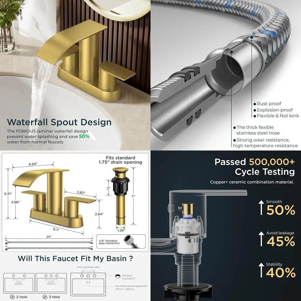 

4 Centerset Brushed Gold Bathroom Faucet with Pop-up Drain and cUPC Hose for Basin, Vanity, RV, Lavatory Sinks