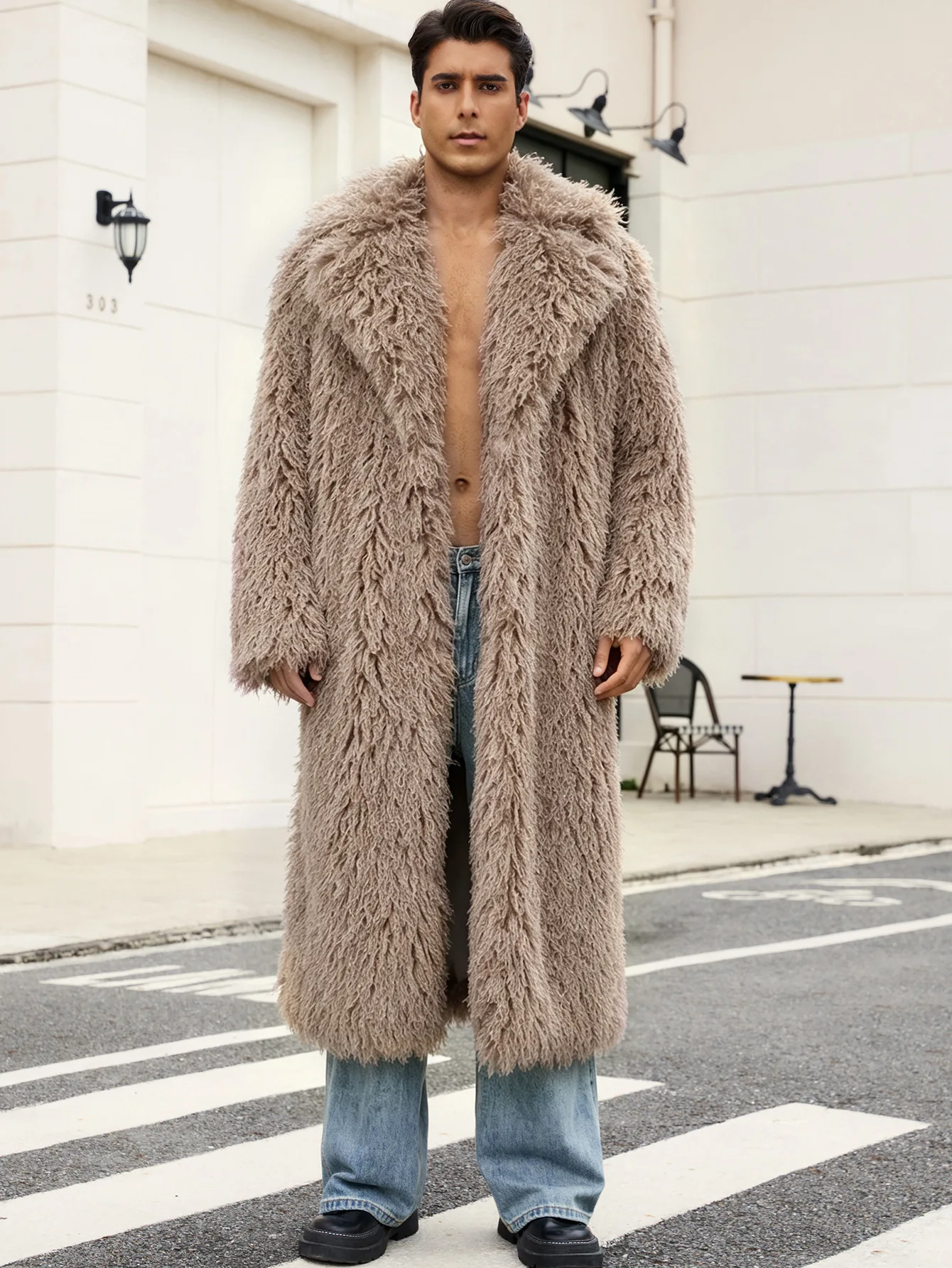 Men's Autumn Winter Faux Fur Coat with Suit Collar Ultra Long High Street Style Beach Wool Blend Men's Outerwear