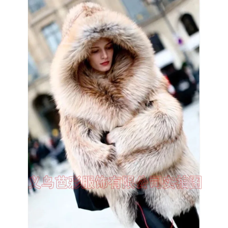Europe and The United States Cross-border Coat Women's Coat Winter Gradual Change Imitation Fur Coat Women's Hot Fur Jacket Hood