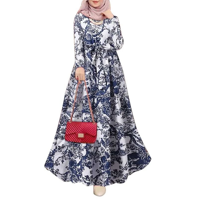 4XL 5XL Plus Size Dress Lady 2022 Fashion Muslim Autumn Vintage Print Sundress Turkish Robe Crew Neck Casual Women Party Dresses