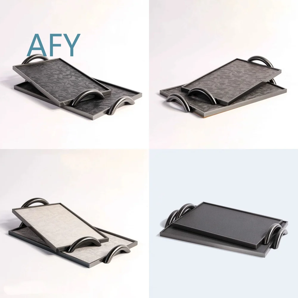 Modern Minimalist Metal Leather Rectangular Tray with Dual Ear Handles for Home Decor Living Room Office Desk Display Sample