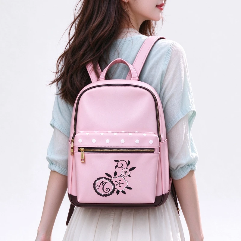 Pink PU Leather Backpack Women Cute Polka Dot Floral Printed School Bag for Teenage Girls New Anime Style Casual Travel Rucksack