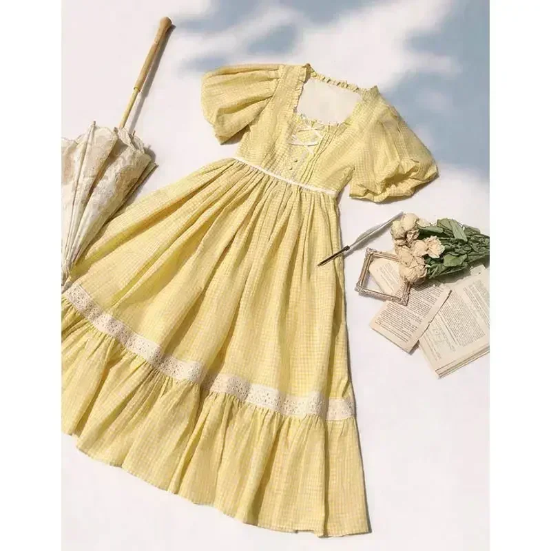 

Yellow Plaid Dress Women + Ruffles Outer Dress French Sweet Pastoral Style Slim Square Collar 2025 Two-piece Dress Suit sdf2