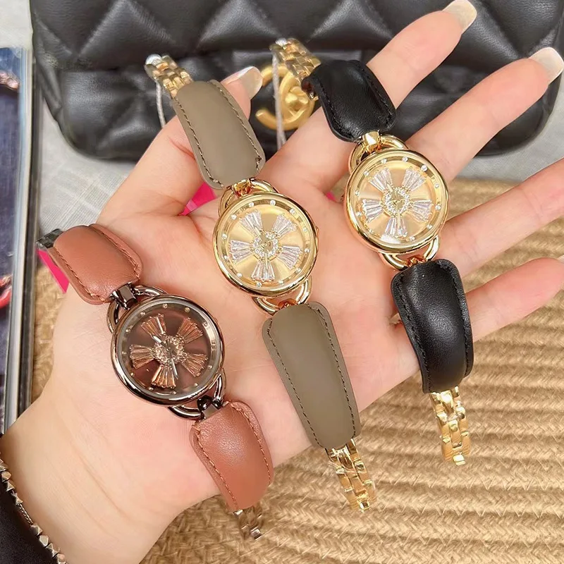 Lucky Watch Rotation Dial Women Reloj Mujer for Girls Leather Strap Bracelet Orologio Ladies Wristwatch Vintage Diamond Clock