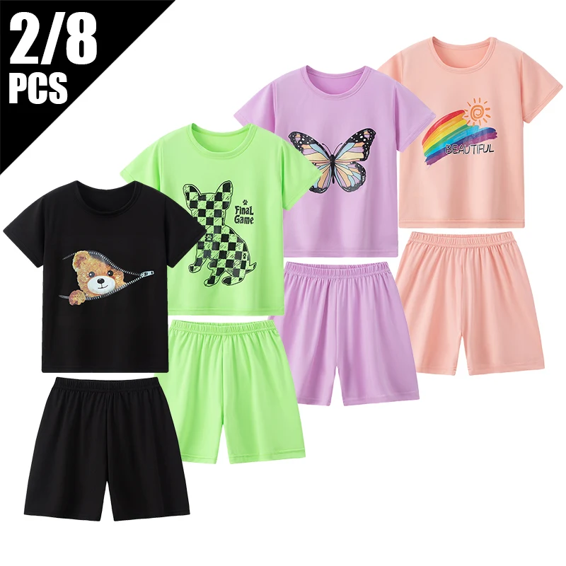 

8/2 Pcs Children's Summer Cute Printing Suit Boy Casual Fashion Pocket Bear Short Sleeve Girl Sweet And Cute Joker Comfort Short