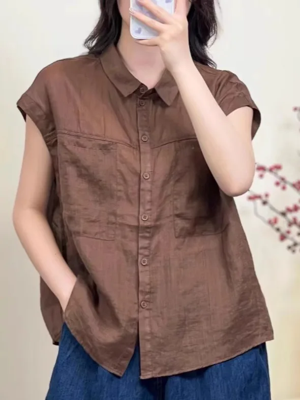 قميص أنيق بدون أكمام من القطن والكتان للنساء، قميص صيفي بسيط كاجوال بياقة كتان وأكمام قصيرة طائرة #4