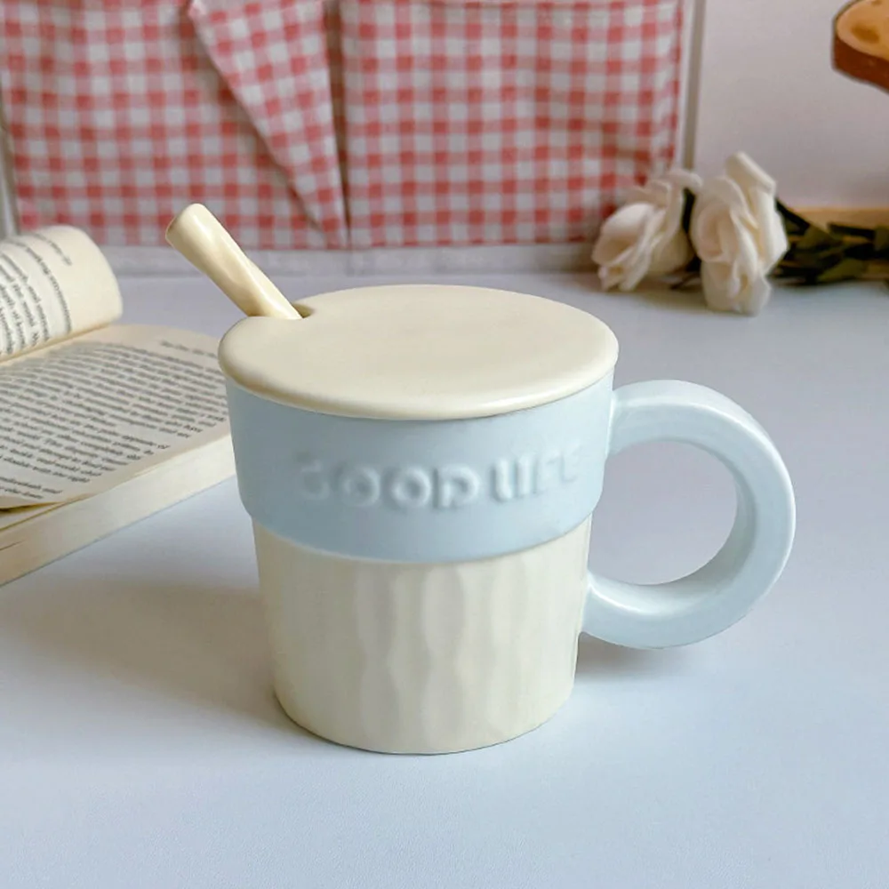 Macaron Colors Ceramic Mug With Lid Spoon Home Coffee Milk Water Cup Creative Pastel  Mugs Home Kitchen Breakfast Cups