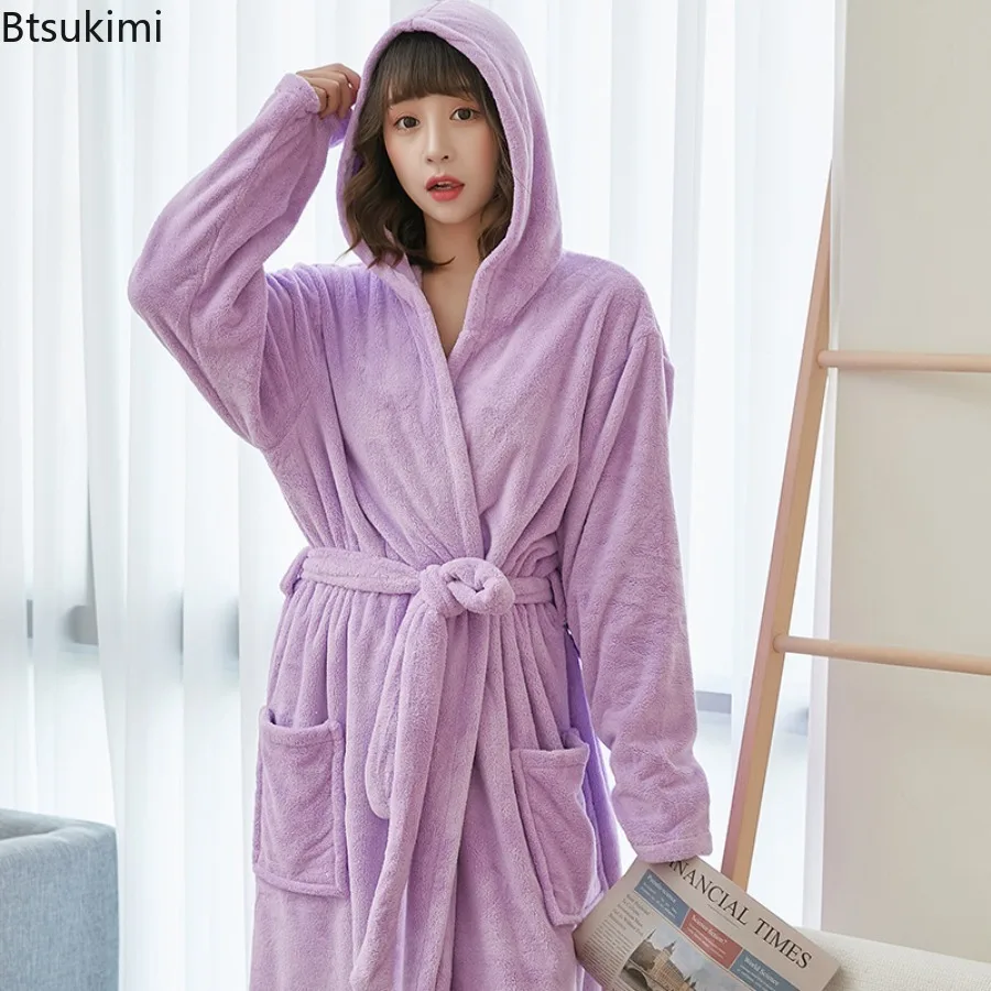 Coral Velvet Bathrobes for Women Long with Hood Autumn Winter Solid Plush Microfiber Bath Robe Sleepwear Home Bathroom Clothes