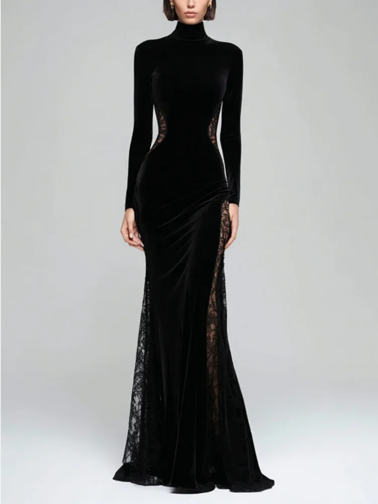 Beshinel Customized Black High Neck Lace Stitching Mermaid Evening Dresses Long Sleeve Zipper Floor Length Prom Gowns 2026