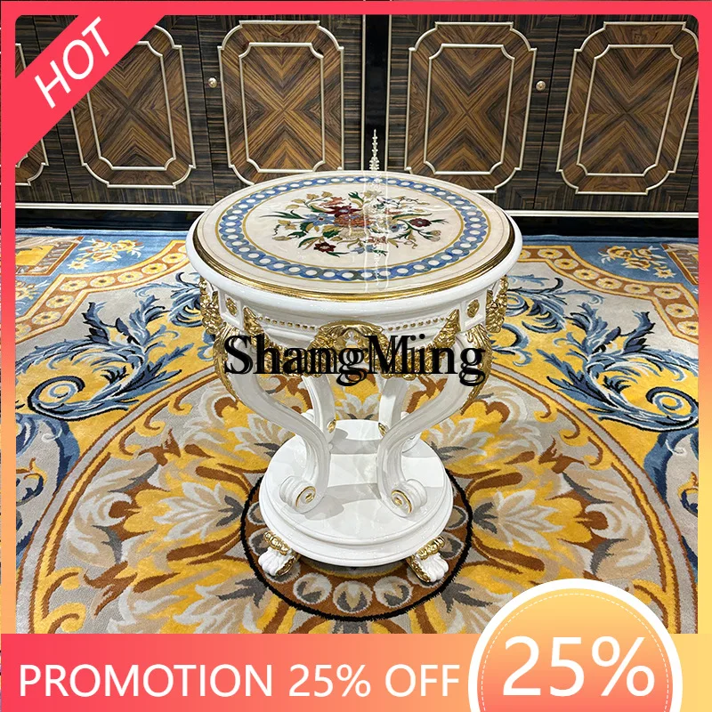 

SM household solid wood small coffee table veneer small round table living room sofa side carved tea table