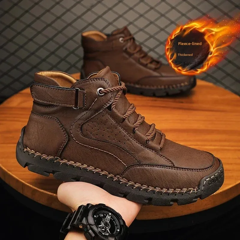 

New Men's Leather Boots High End Non Slip Snow Boot Luxury Fleece Lined Winter Boots for Man Handmade Casual Shoe Zapatos Hombre