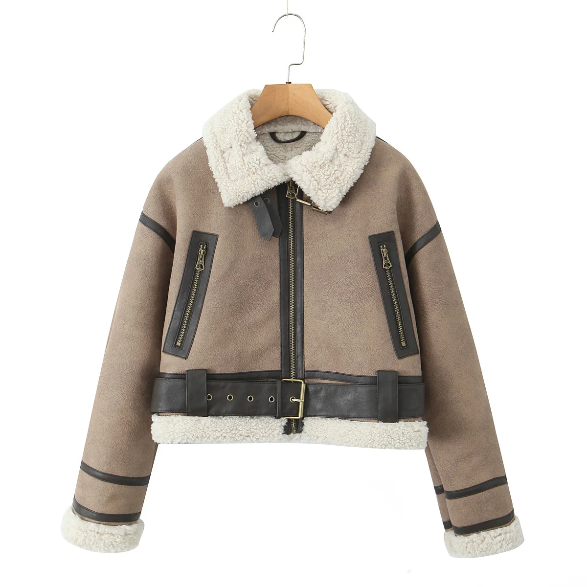 

HH TRAF Female Elegant Khaki Turn-down Collar Jacket Zipper Pocket Decoration Long Sleeve Solid Winter Women Short Jacket Mujer