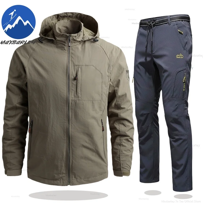 

Maxbarley Windproof Hunting Set Men Rainproof Waterproof Outdoor Suit Soft Shell Multi-Pocket Hooded Jackets+Work Pants 2-piece