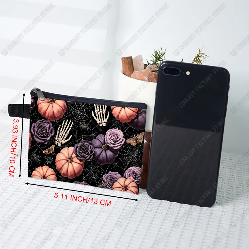 Halloween Pumpkin and Skull Bat Pattern Coin Bag Evil Eyes Spider Zombie Women Card Key Earphone Holder Coin Purse Zipper Pouch