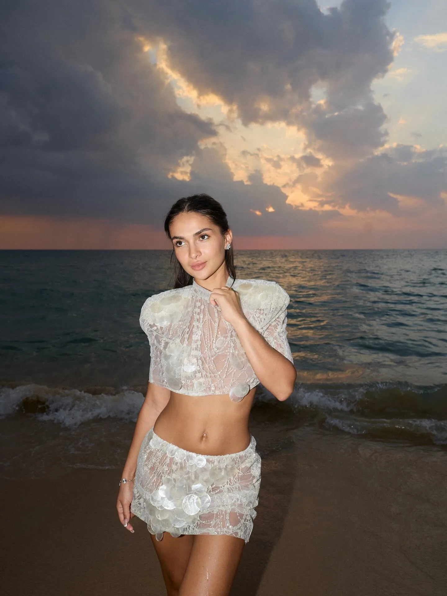 Women's Summer 2 Piece Sheer Mesh Outfit Stylish Sequined Circular Slice Tops and Mini Skirt for Beach Party
