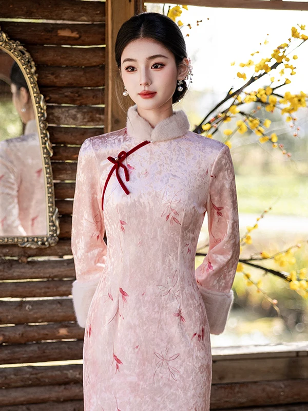 

Stunning New Chinese Sle Qipao Thiened Fce Autumn Winter Long Dr Daily Wear Comfortable Warm Floral Print Gown