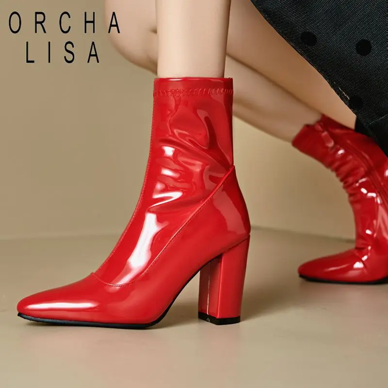 

ORCHA LISA 2025 Женские ботильоны с острым носком на массивном каблуке 8,5 см на молнии, большие размеры 44 45 46, классические ботильоны для свиданий