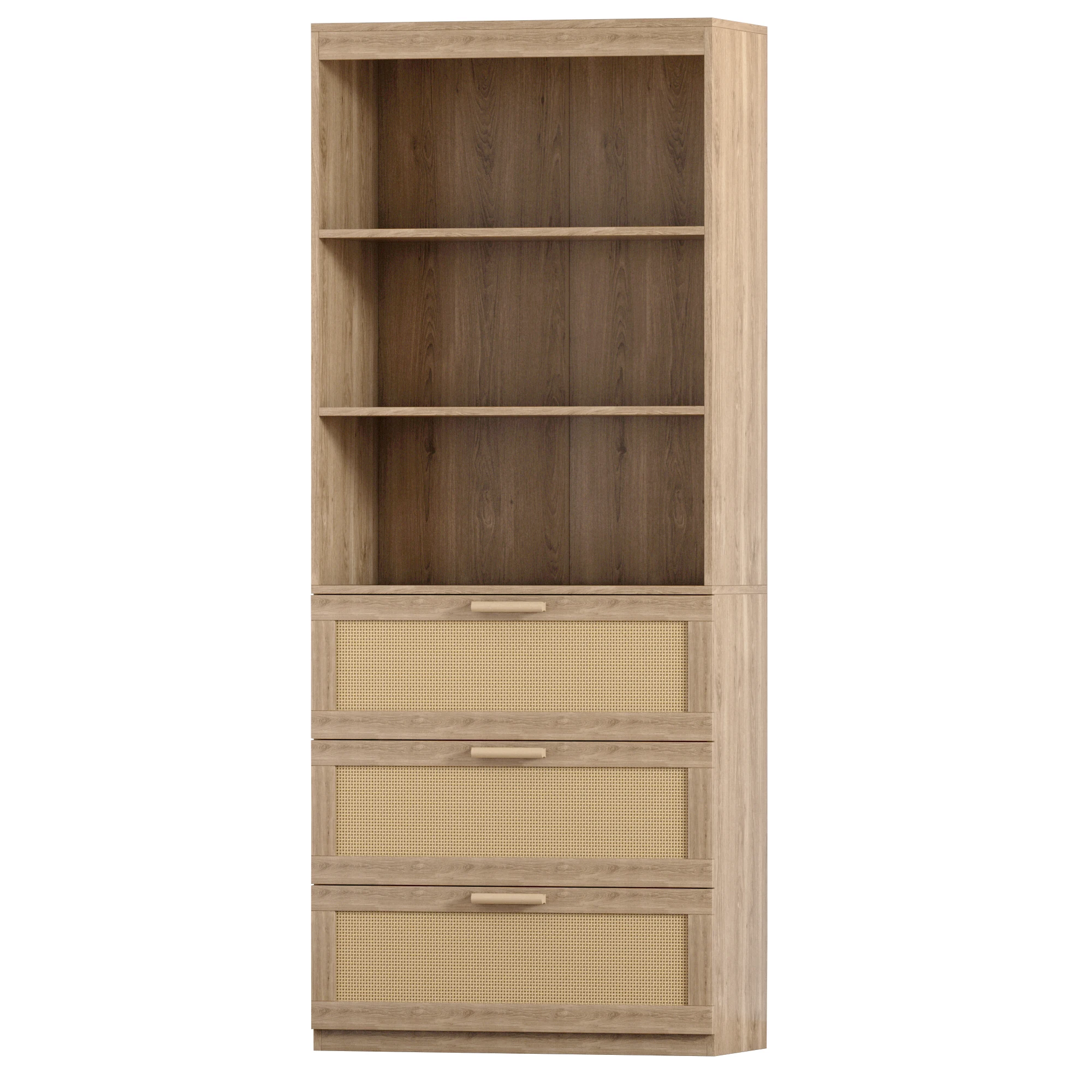 71 Inches Tall Storage Cabinet, Rattan Bookcase with 3 Drawers and 3-Tier Open Shelves, Wooden Bookshelf Storage Organizer for L