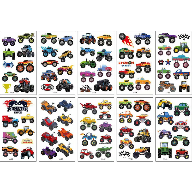 Monster Truck Temporary Tattoos Stickers For Kids Cool Metallic Styles Trucks Big Wheel Racing Cars Sticker Boys Birthday Gifts