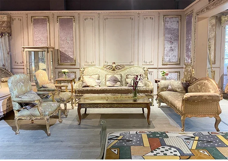 

European classical retro old solid wood carving flower fabric three-person sofa villa gold foil paint sofa