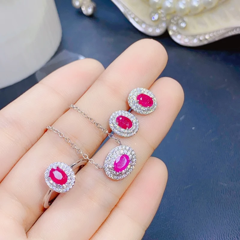 Natural Ruby jewelry sets for women rings earrings pendant silver 925  luxury gem stones 18k gold plated free shiping items image 2