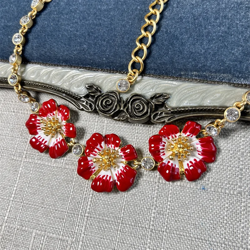 Oscar Vintage Gradient Hand-Painted Enamel Cherry Blossom Necklace for Women, Fresh Poppy Flower Choker