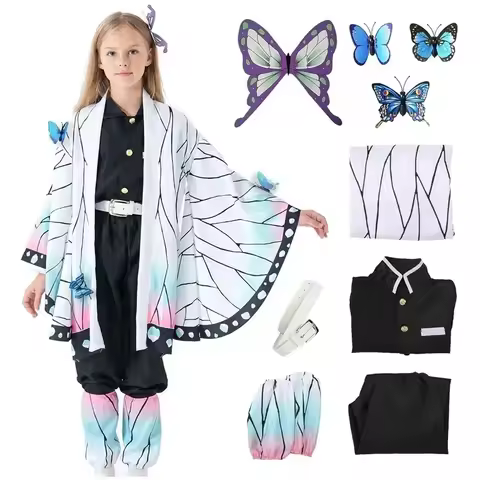 Demon Slayer Kochou Shinobu Cosplay Costume Set Anime Haori Kimono Robe Wig for Women &amp; Kids Halloween Anime Convention Outfits