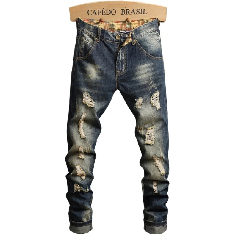 2024 Nuovo Stile Distressed Strappato Slim Fit Jeans per Gli Uomini High Street Stile Coreano Stretch Dritto Moda Denim Pantaloni Maschili