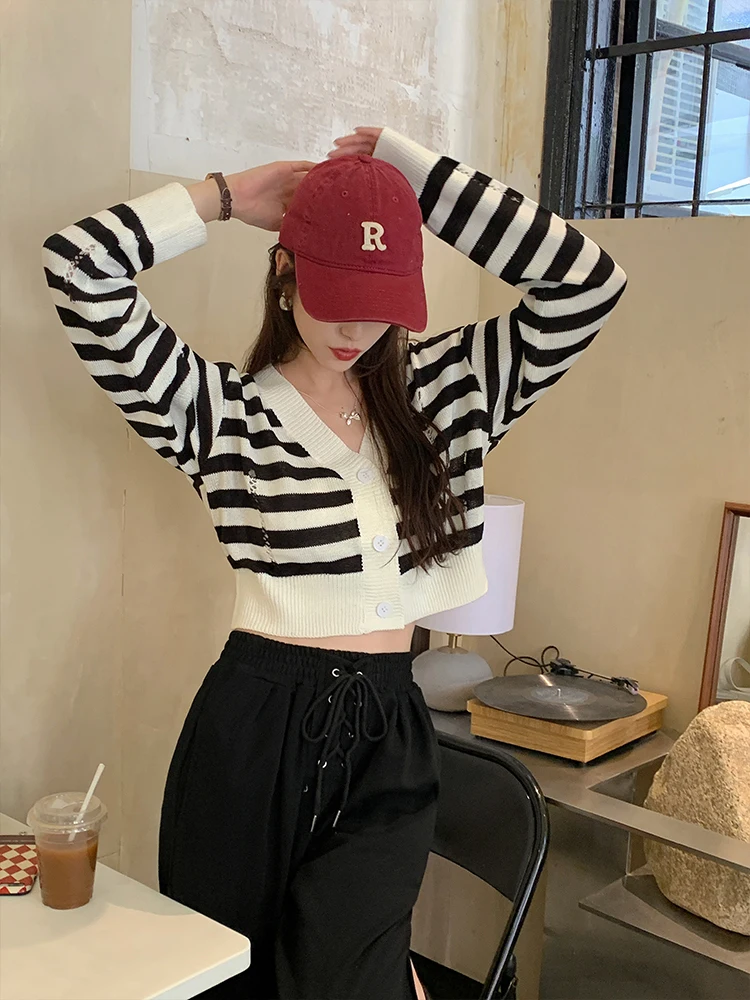 

Yang Bubble Bla White Striped V-Ne ort Knitted Open Cardigan Women's Summer New Loose Korean Sle Base irt